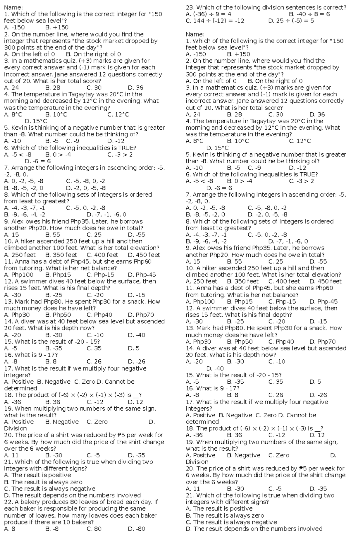 Long Test - Integers and Basic Operations Review - Studocu