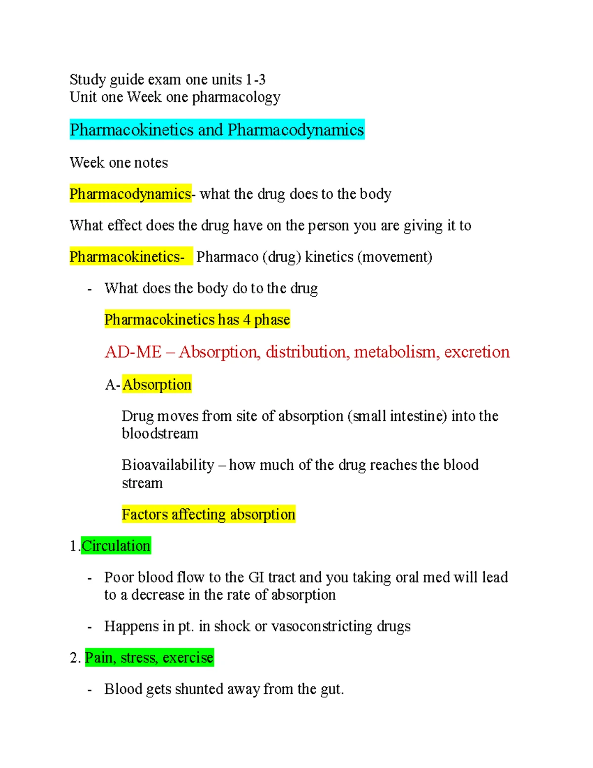Pharmacology Exam 1 - This is a study guide for exam 1. - Pharmacology ...
