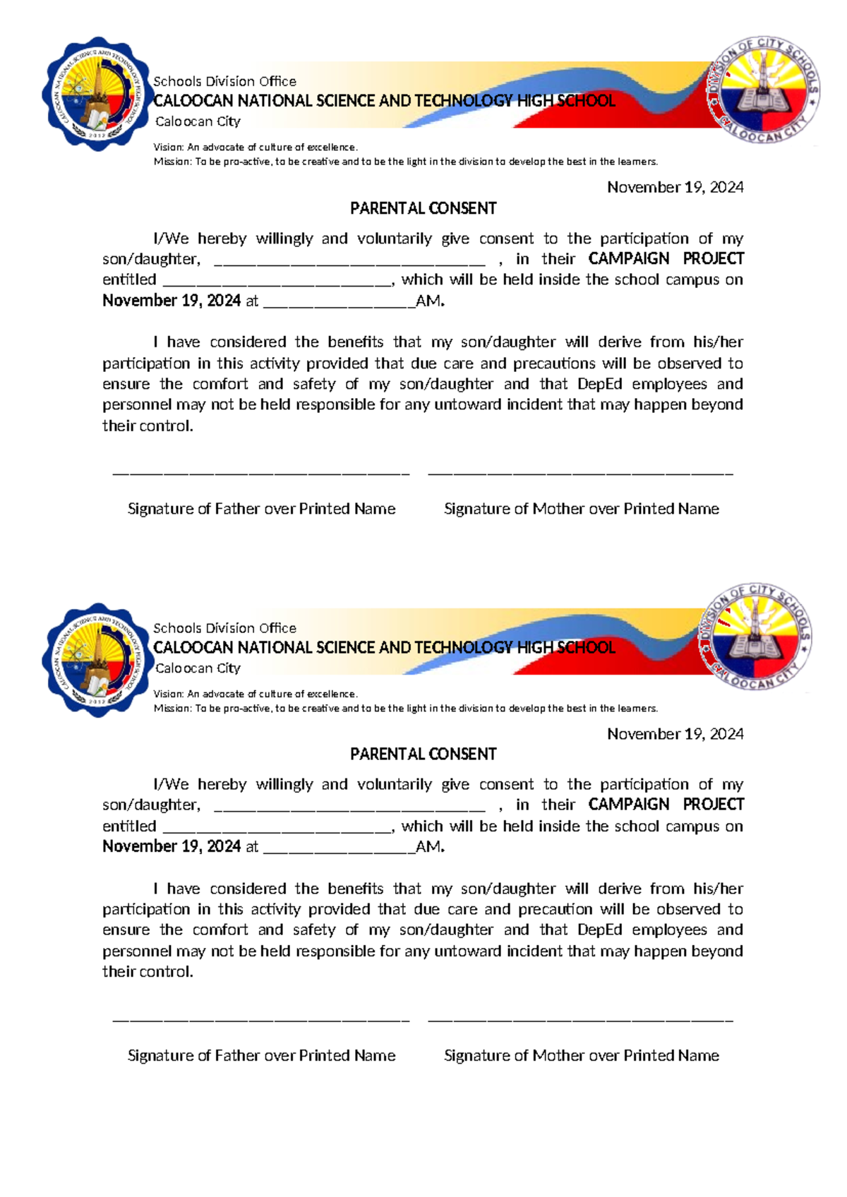 Parental Consent Campaign for AM shift - Schools Division Office ...