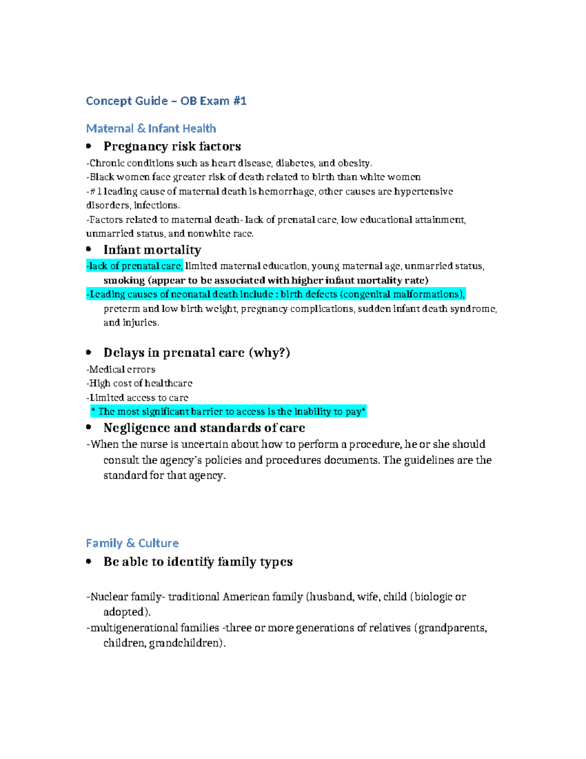 Concept Guide – OB Exam #1: Maternal & Infant Health Overview - Studocu