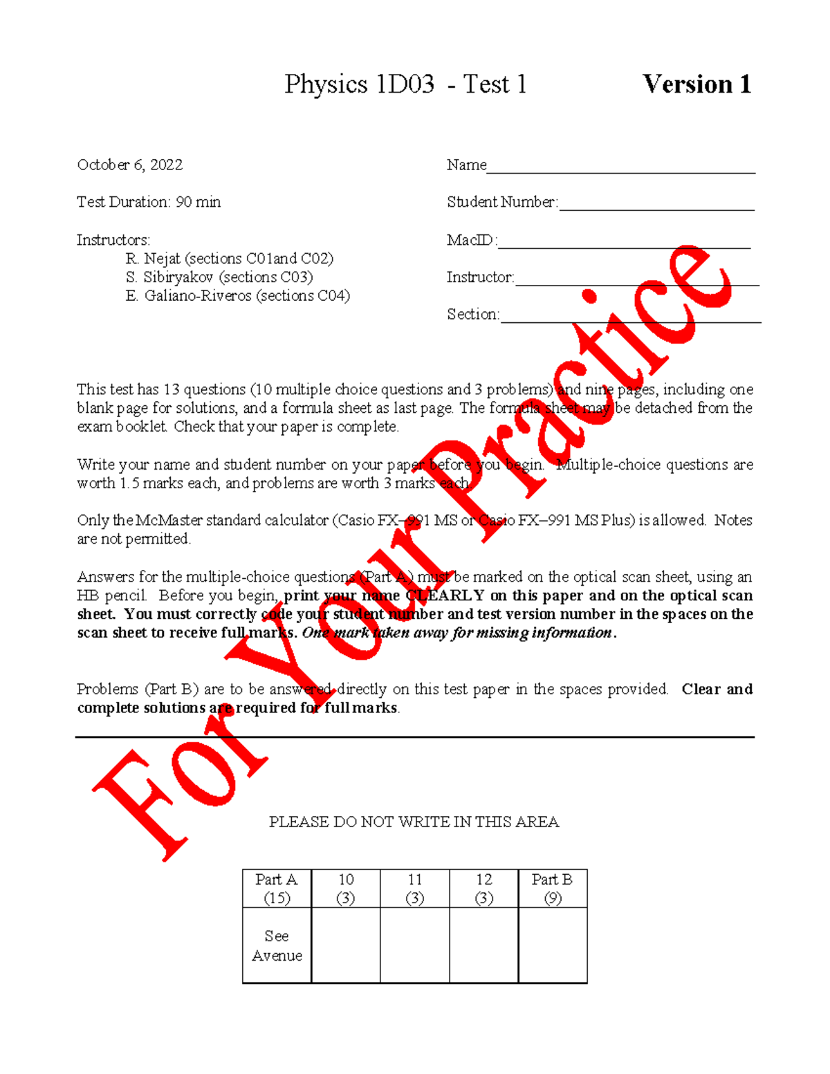 Midterm Test 1 Physics 1D03 October 2022 - Version 1 Details - Studocu