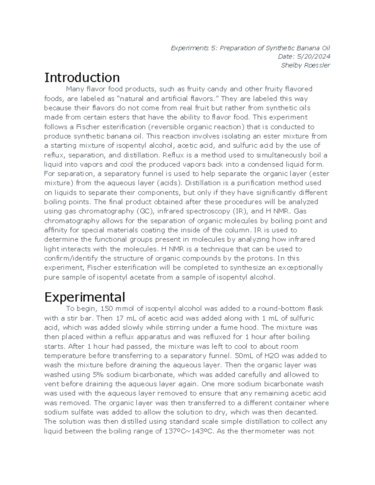 Experiment 5: Fischer Esterification and Synthesis of Banana Oil Lab ...