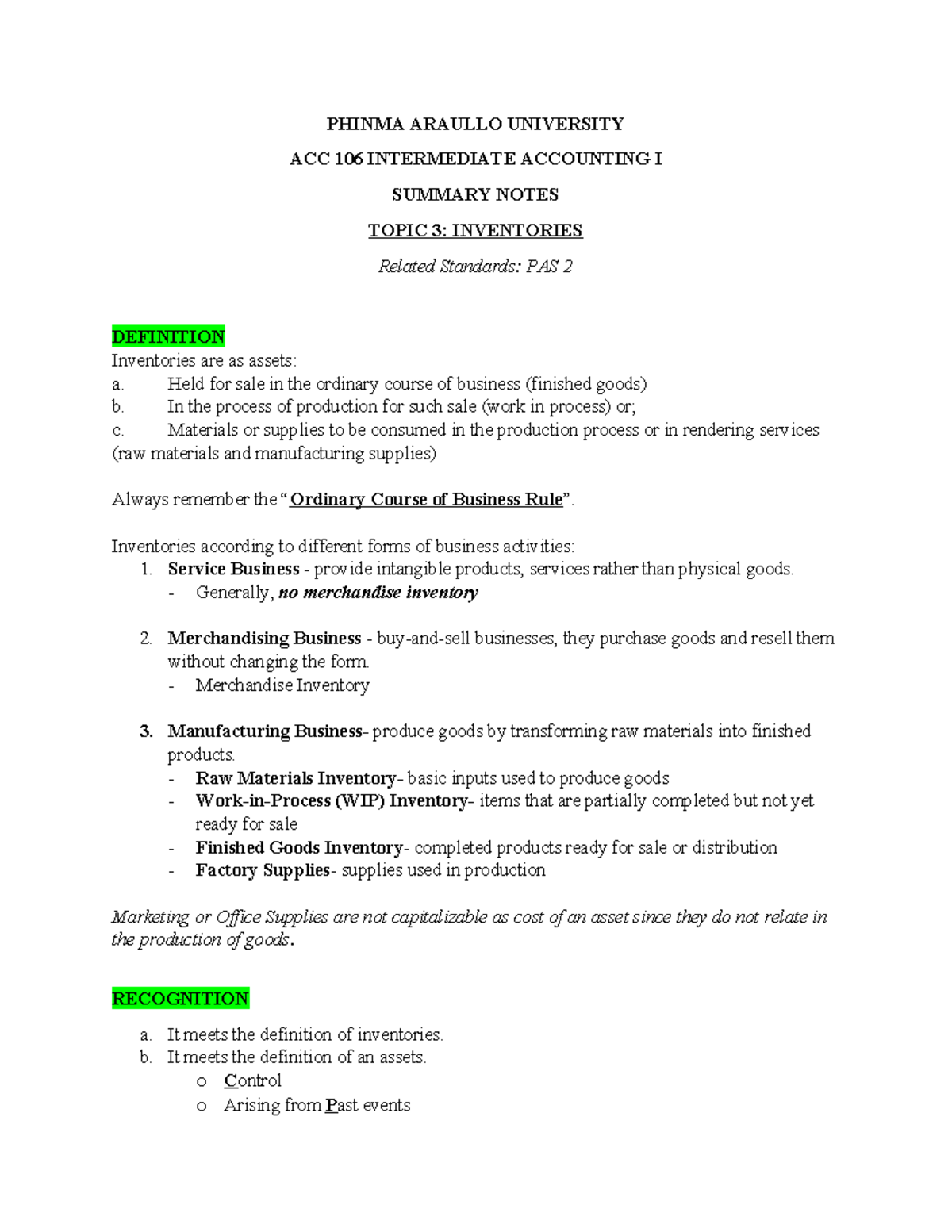 ACC 106 Intermediate Accounting I: Topic 3 - Inventories Lecture Notes ...