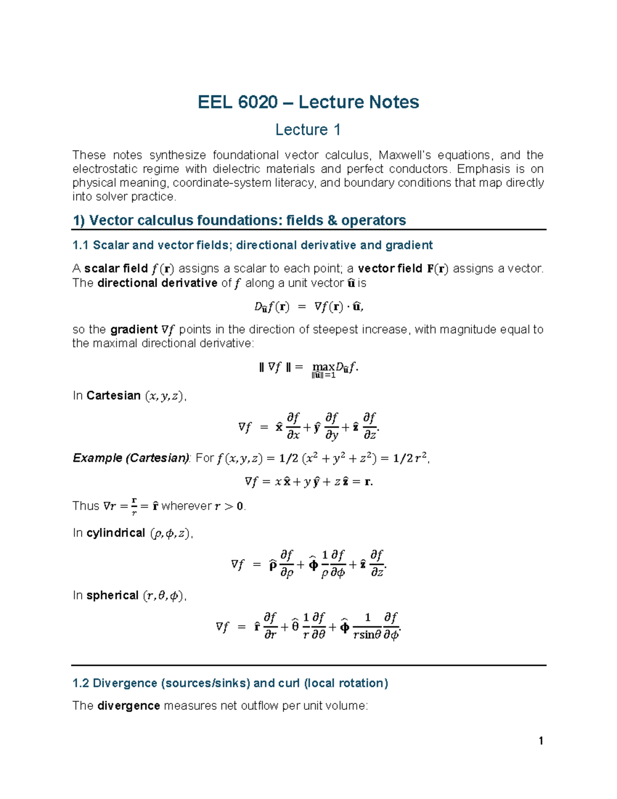 EEL 6020 Lecture Notes: Foundations of Vector Calculus and ...