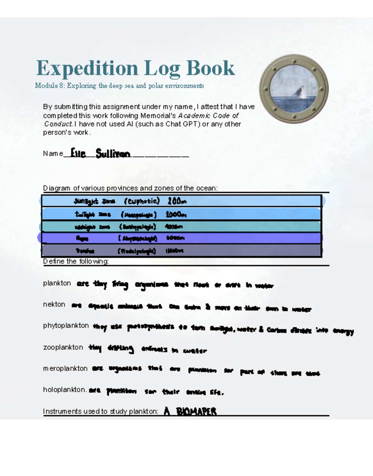 Log Book 8: Deep Sea & Polar Environments Exploration - Studocu