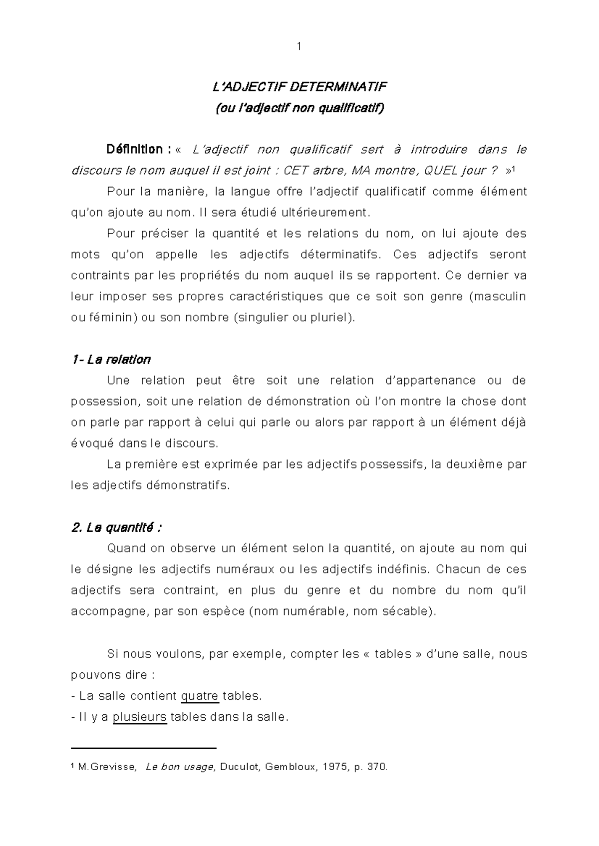 Adjectifs D terminatifs Et Non Qualificatifs Cours De Fran ais Studocu