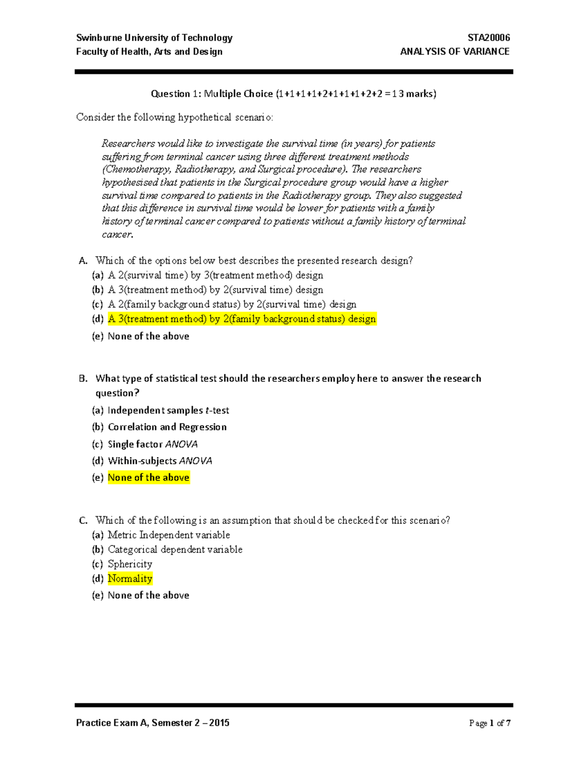 STA20006 Analysis of Variance Practice Exam A - 2015 - Studocu