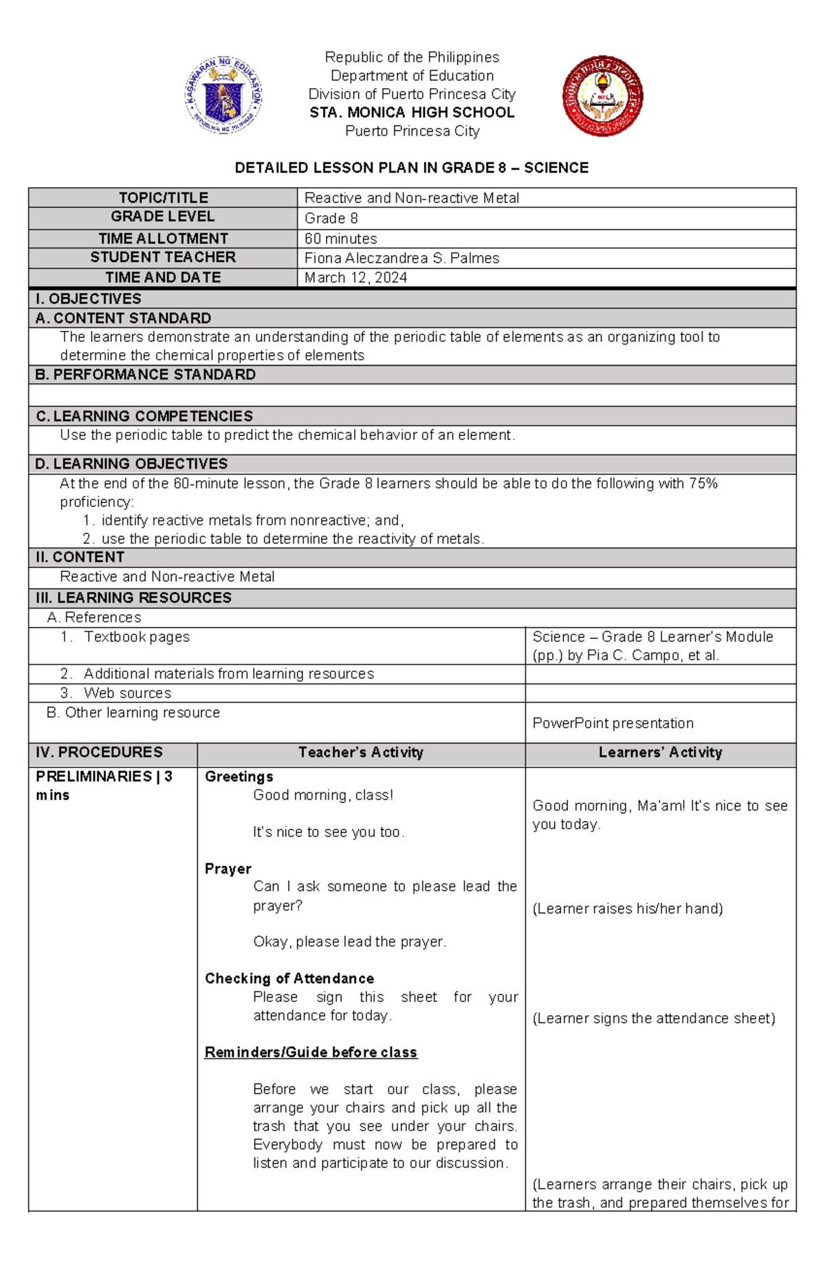 DLP - Lesson Plan on Reactive and Non-reactive Metals (Grade 8) - Studocu