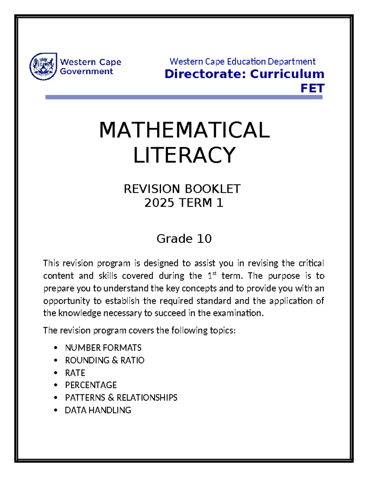 Mathematical Literacy Grade 10 Term 1 Revision Booklet 2025 - Studocu