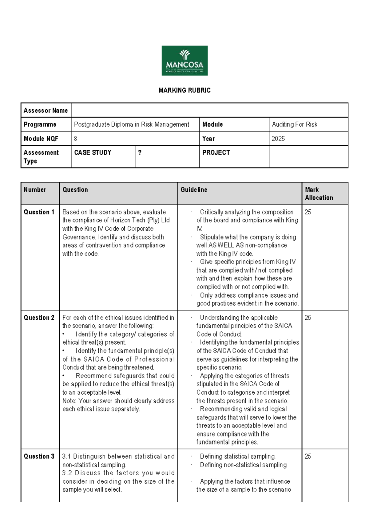 Postgraduate Diploma in Risk Management: Case Study Rubric NQF 8 - Studocu