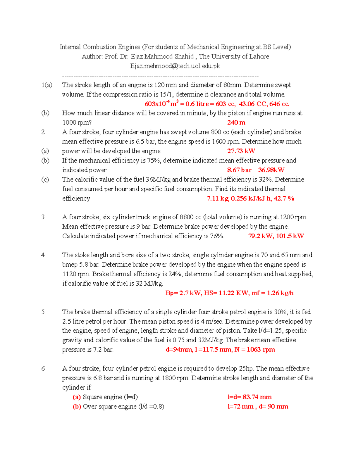 IC Engine Numericals: Practice Problems for Mech Engg (BS Level) - Studocu