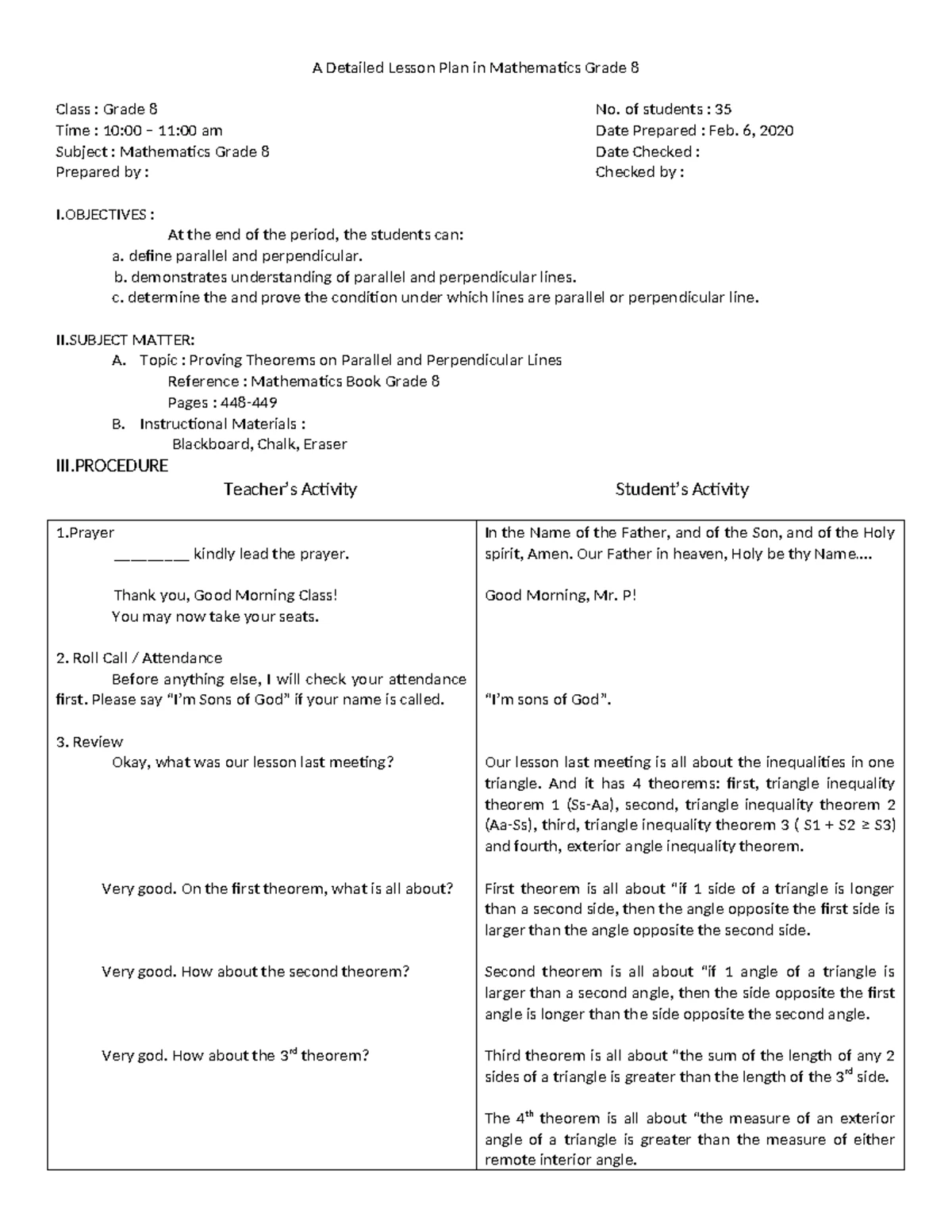 Mathematics Grade 10 Detailed Lesson Plan: Division of Polynomials ...
