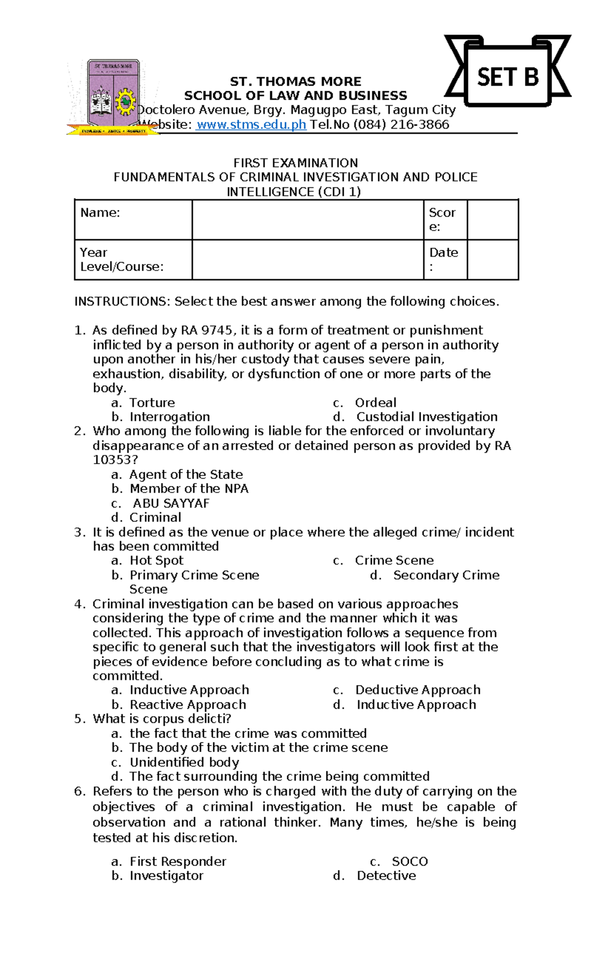 CDI 1: Sample Questionnaire for First Examination in Criminal ...
