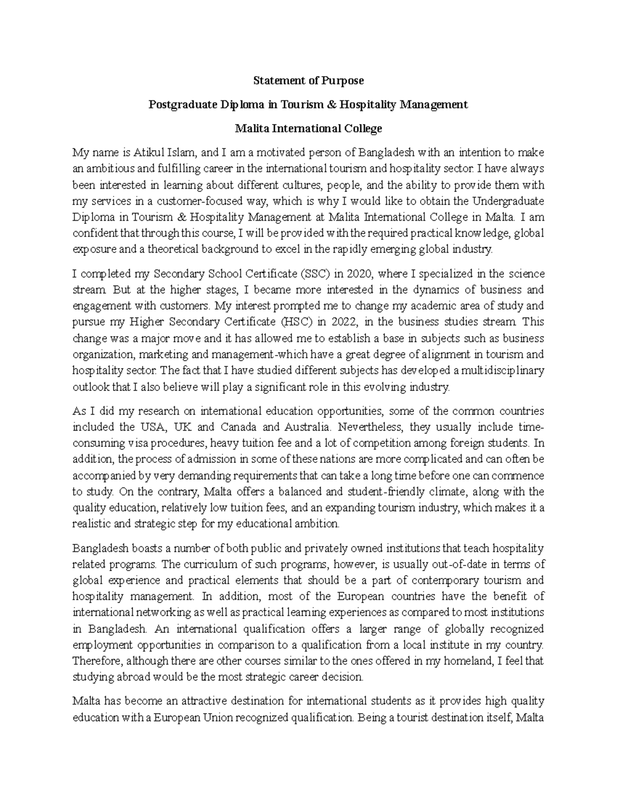 SOP for Postgraduate Diploma in Tourism & Hospitality Management - Studocu