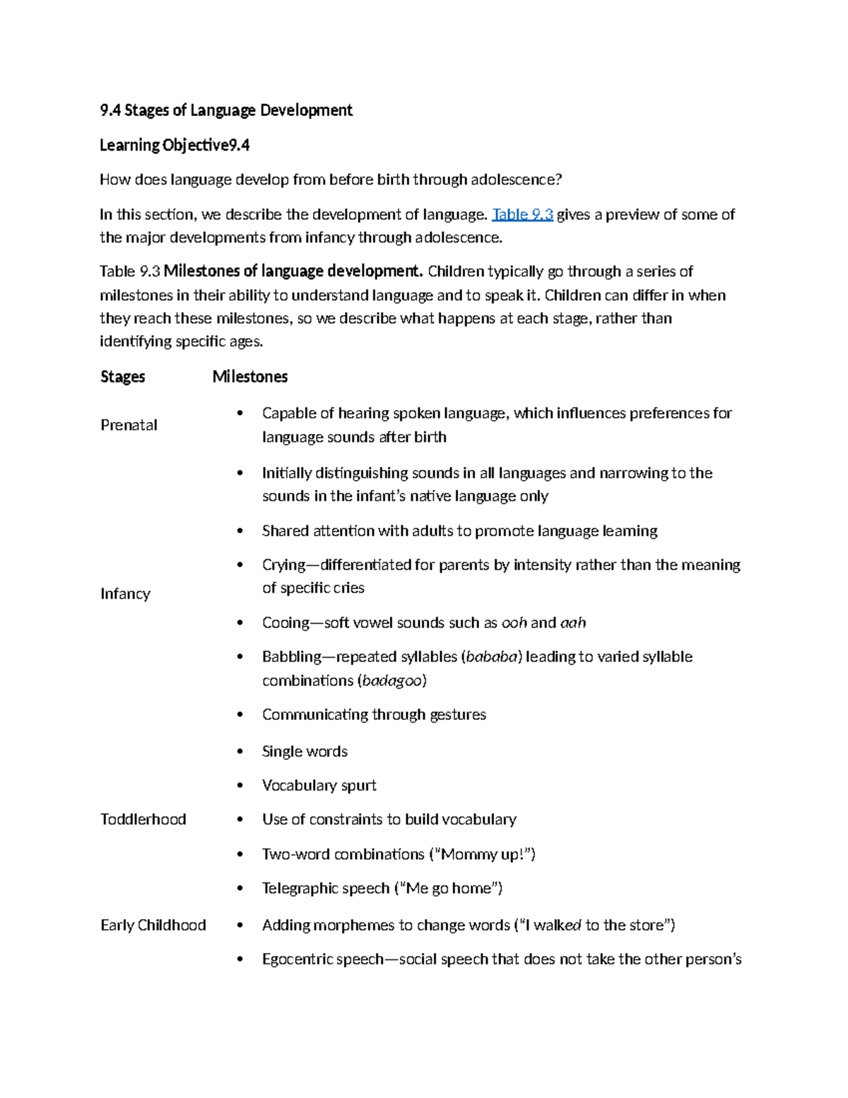 9.4 Stages of Language Development: From Infancy to Adolescence - Studocu