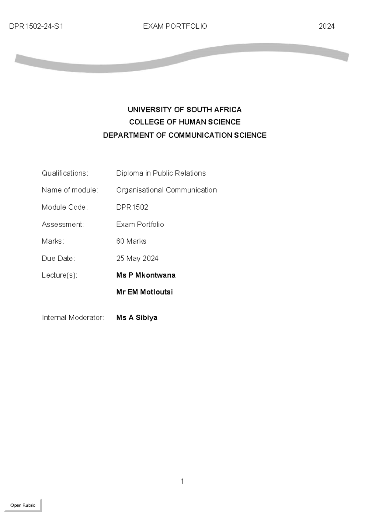 DPR 1502 Organisational Communication Portfolio Exam Guide 2024 - Studocu