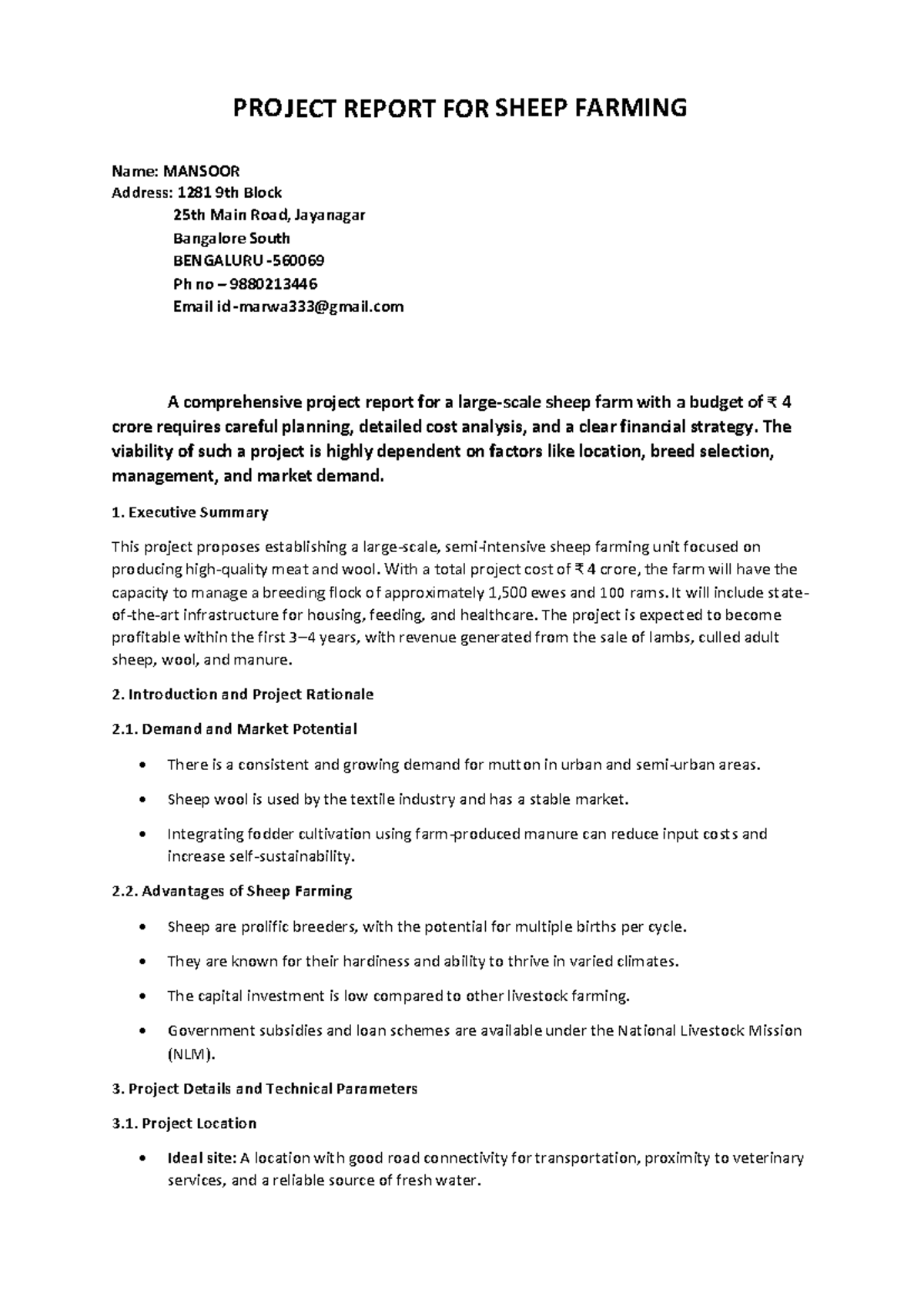 PROJECT REPORT ON SHEEP FARMING (4 CRORE BUDGET) - Studocu