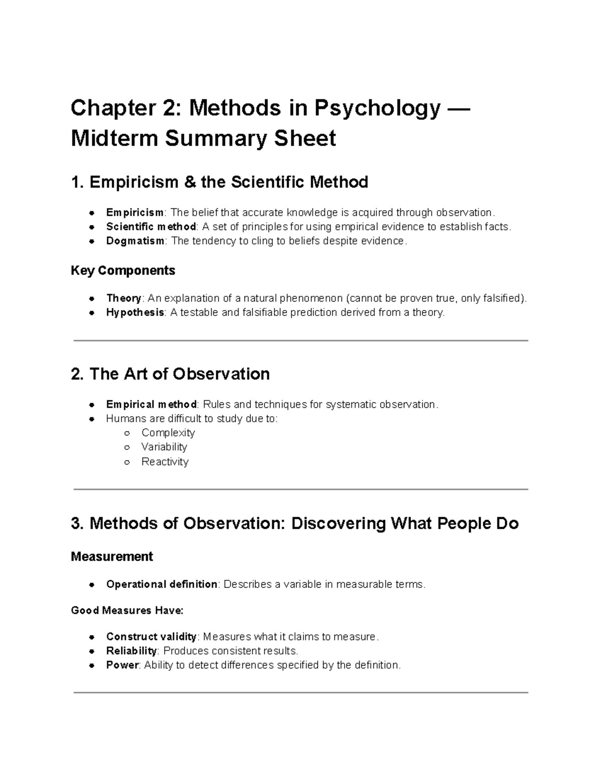 Psych 101 Midterm Summary: Chapter 2 Methods in Psychology - Studocu