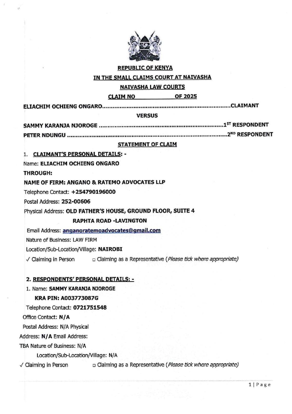 Statement of claim in the small claims court at Naivasha (Claim No ...