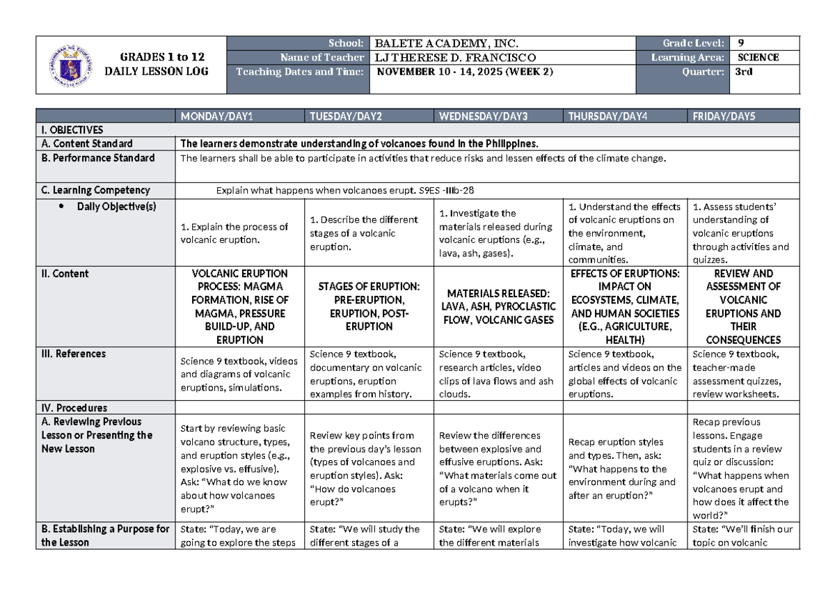 DLL Science 9 Q3 W2: Understanding Volcanic Eruptions and Their Effects ...