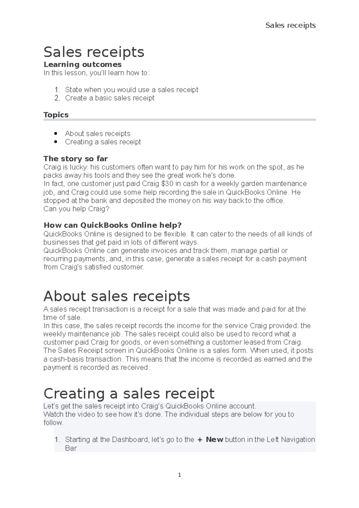 Sales Receipts Creation Guide in QuickBooks Online - Studocu