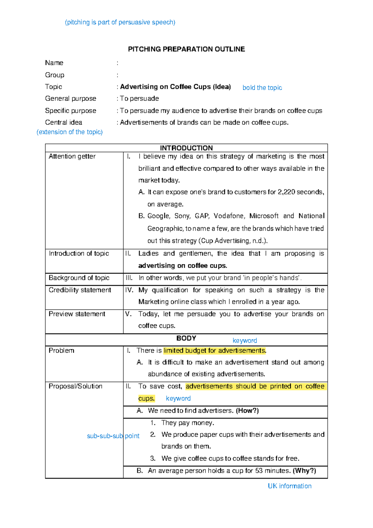 Pitching Preparation Outline - PITCHING PREPARATION OUTLINE Name ...