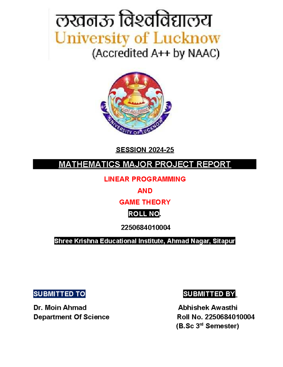 B.Sc 3rd Sem Major Project: Linear Programming & Game Theory - Studocu