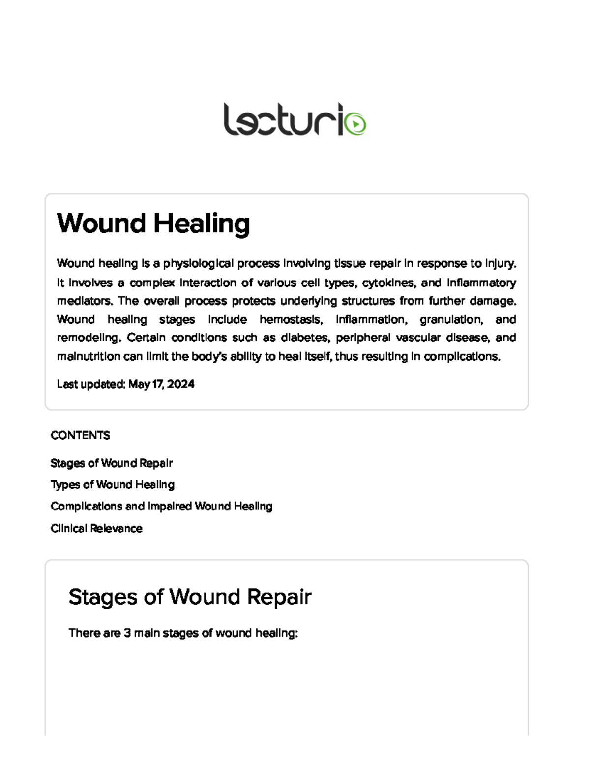 Wound Healing Overview and Stages - Lecturio Study Guide - Studocu