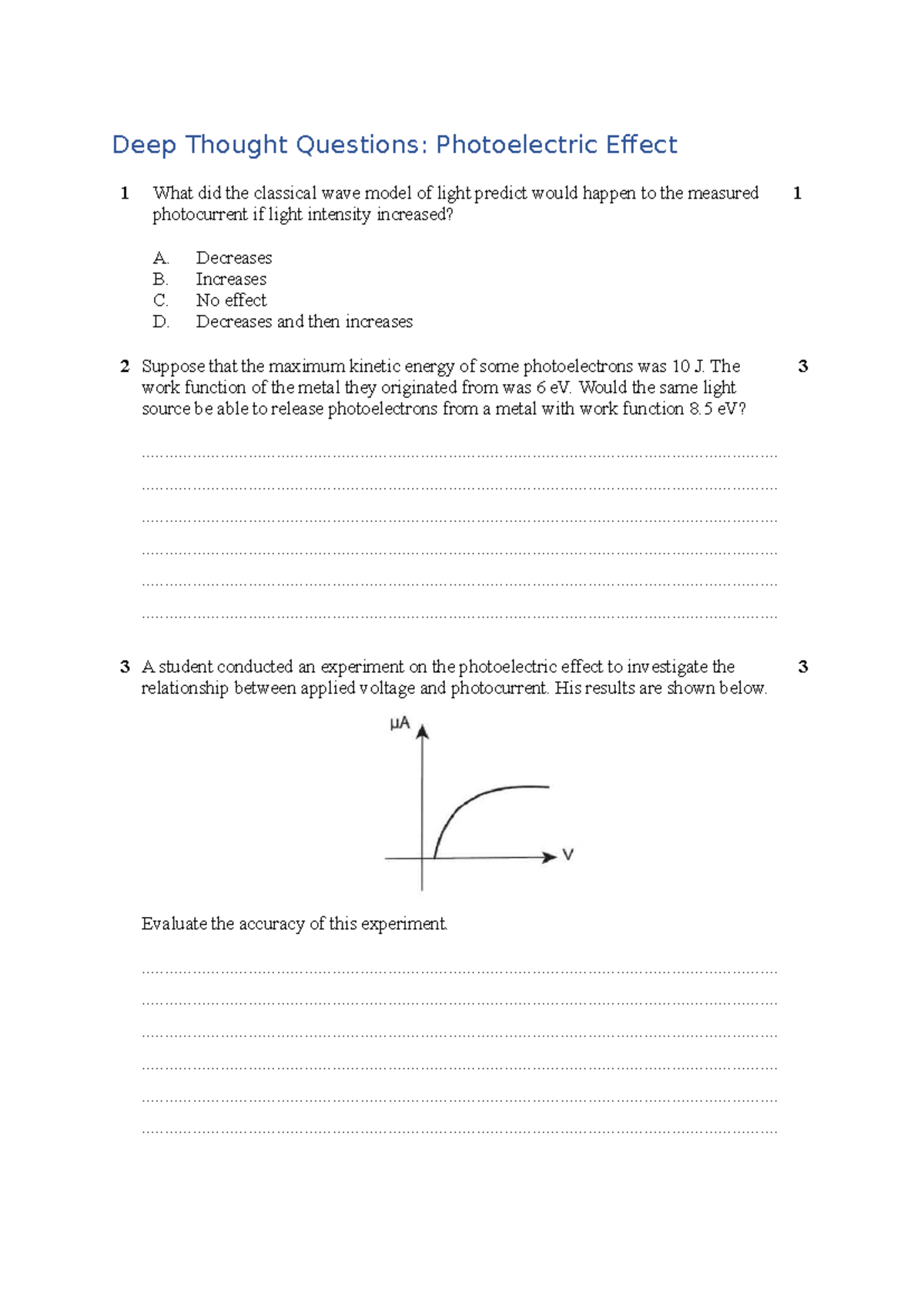 Deep Thought Questions - Photoelectric Effect - Deep Thought Questions ...