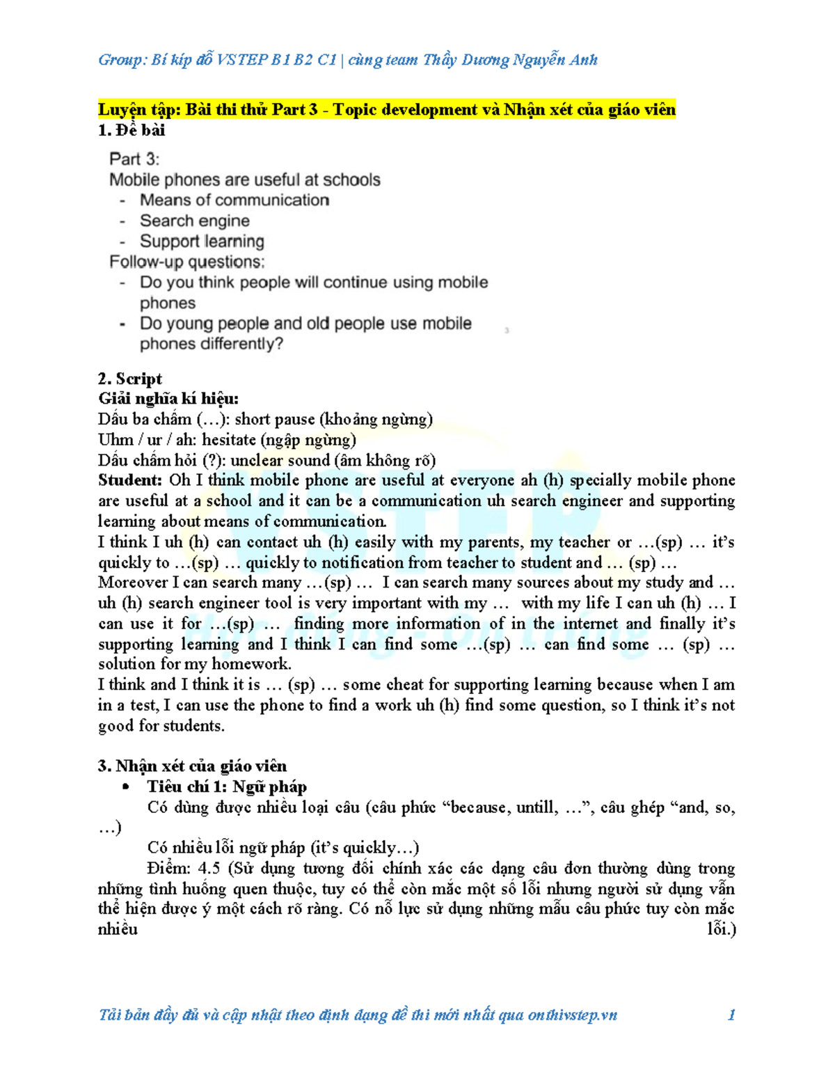 Speaking 3 - ffdfd - Luyện tập: Bài thi thử Part 3 - Topic development ...