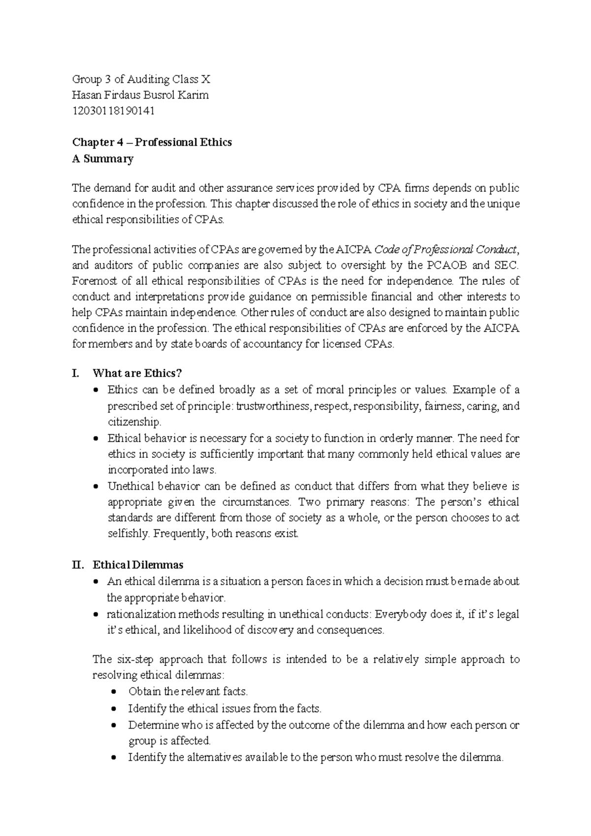 Auditing Class X: Chapter 4 Summary on Professional Ethics - Studocu