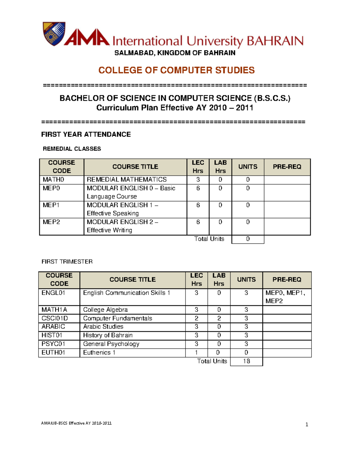 BSCS-Effective-AY-2010-2011 Trimestral Curriculum - COLLEGE OF COMPUTER ...