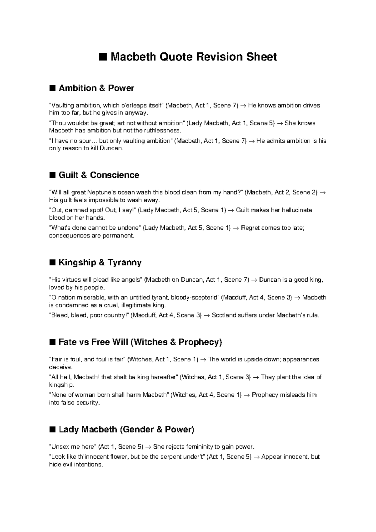 Macbeth (ENG 101) Quote Revision Sheet: Themes of Ambition & Guilt ...