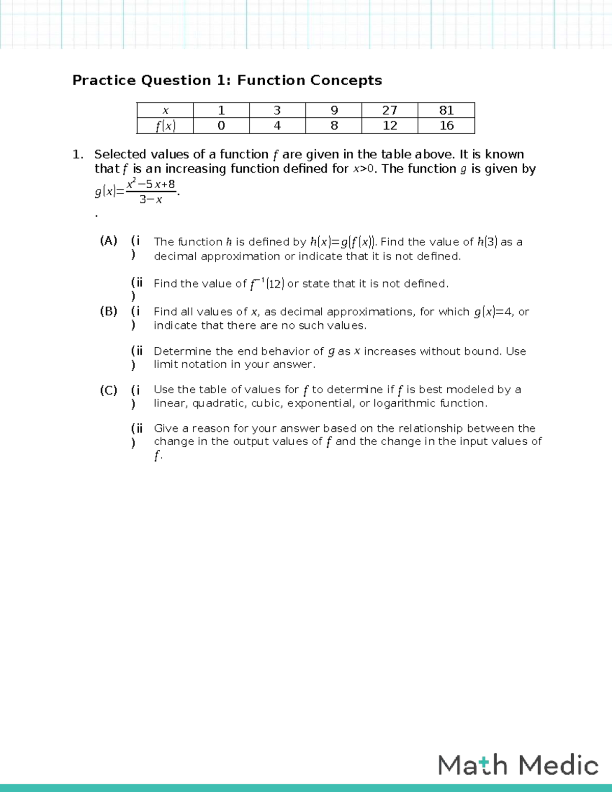 Practice FRQ 1 AP Precalculus - Function Concepts & Analysis - Studocu