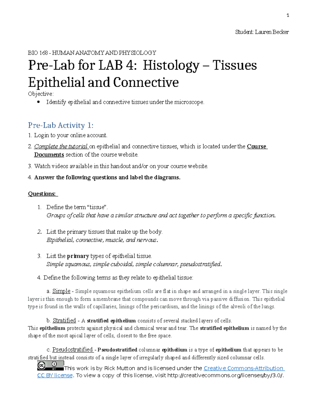 Pre-Lab for BIO 168 Lab 4: Histology of Epithelial and Connective ...