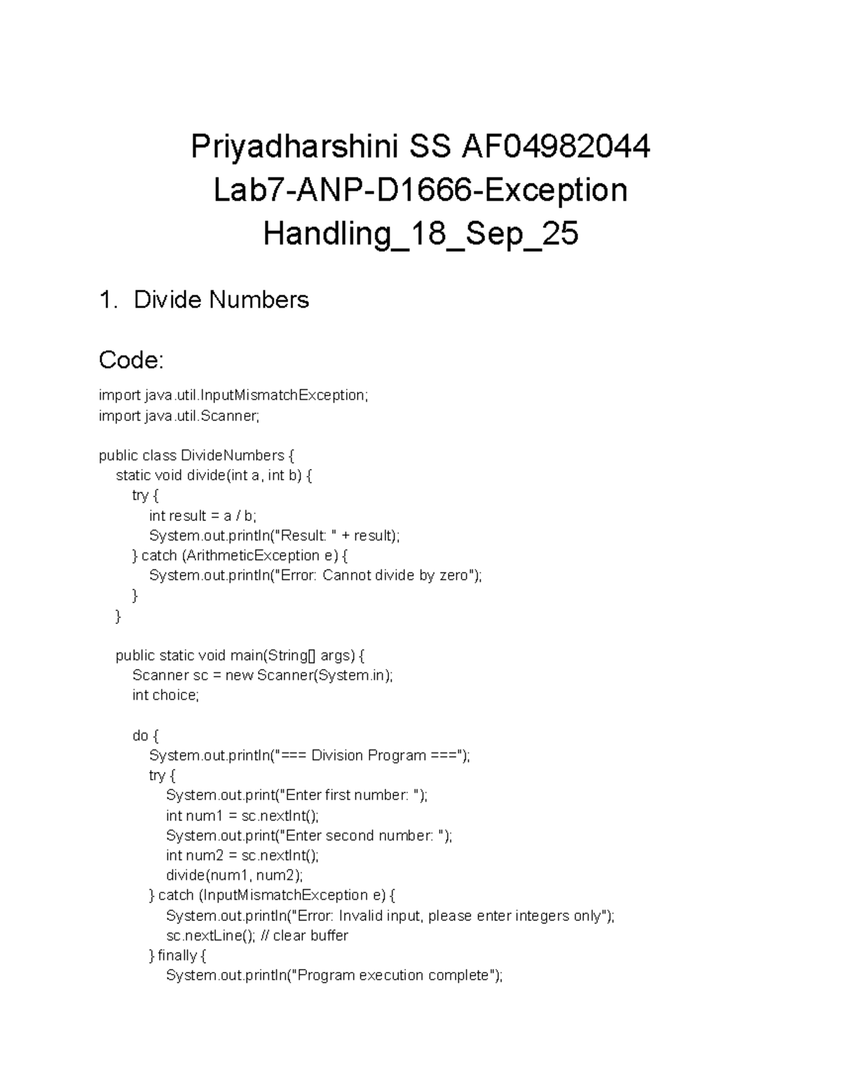 Priyadharshini SS AF04982044 Lab 7 - Exception Handling in Java - Studocu