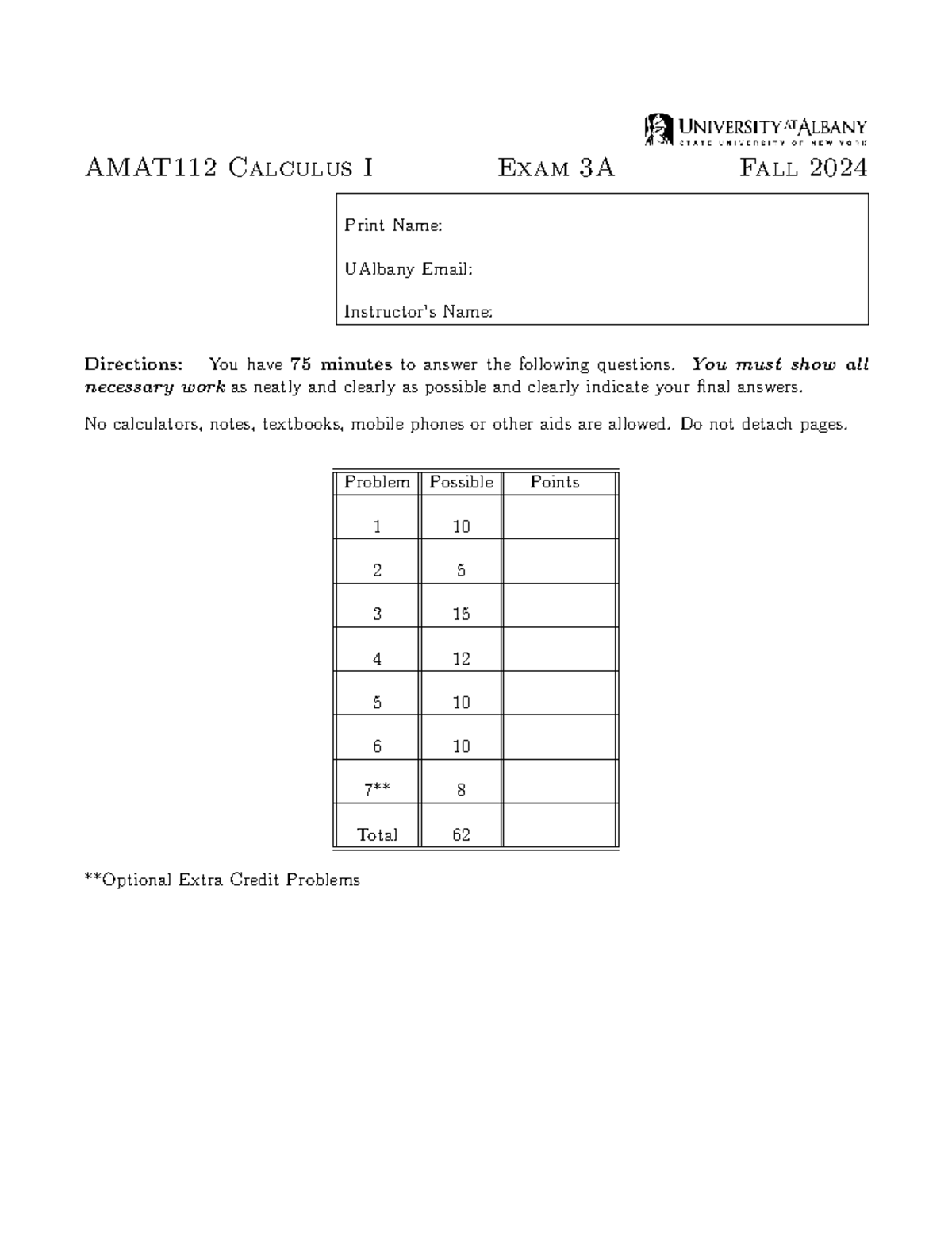 AMAT112 Calculus I Exam 3A - Fall 2024 Final Assessment - Studocu