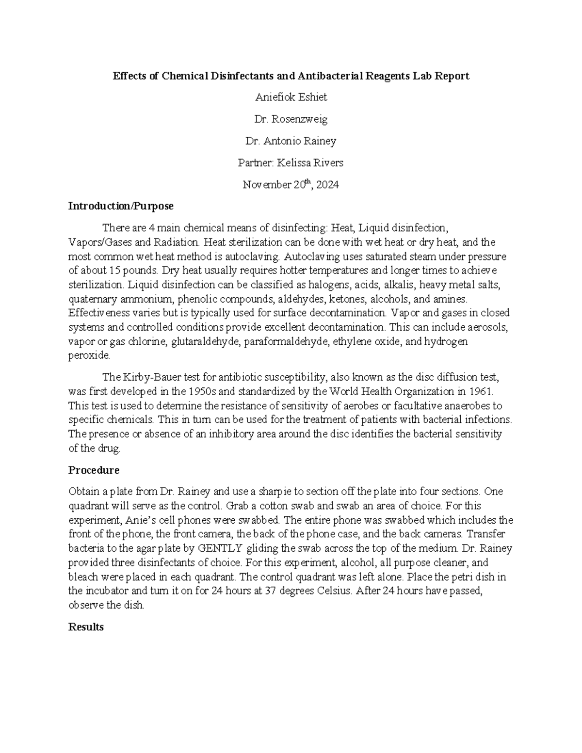 Biochemical Test Report: Effectiveness of Disinfectants Lab (BIO 101 ...