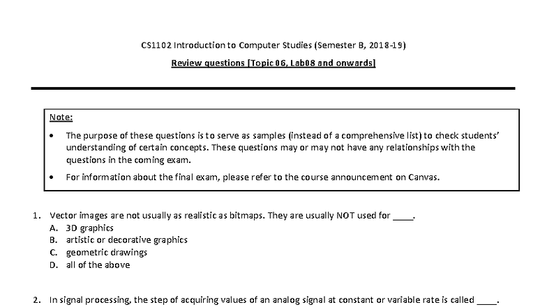 CS1102 Introduction to Computer Studies: Review Qs & Lab08 Notes - Studocu