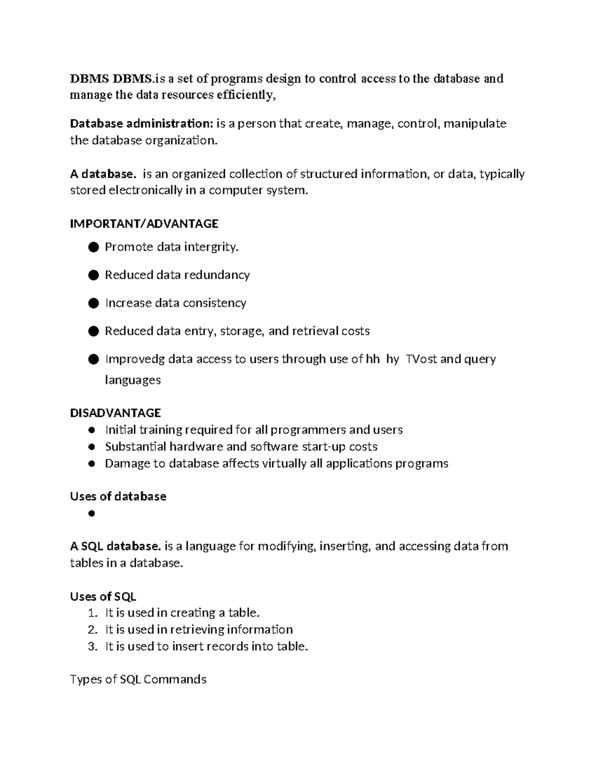Database - i study network administration - DBMS DBMS a set of programs ...