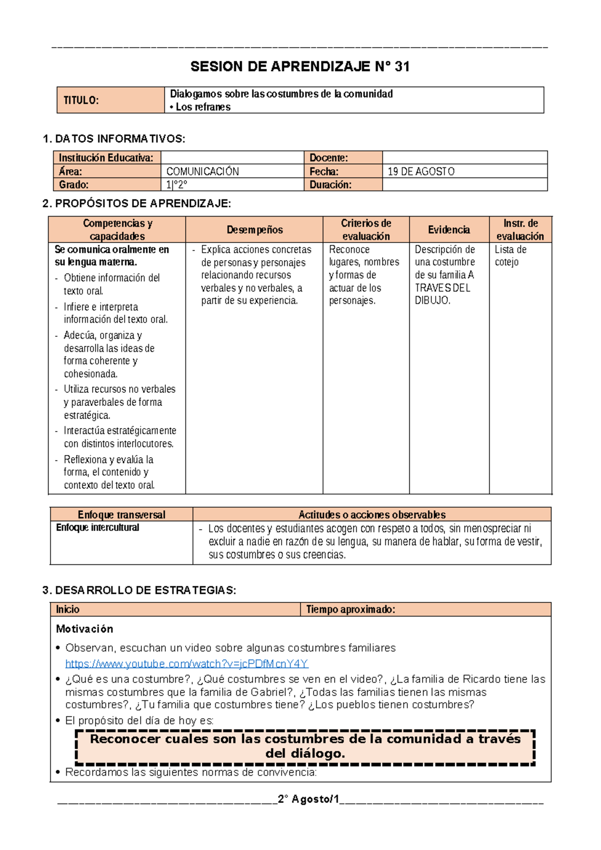 SESIONES DE APRENDIZAJE 2° GRADO DEL 19 AL 23 DE AGOSTO - Studocu