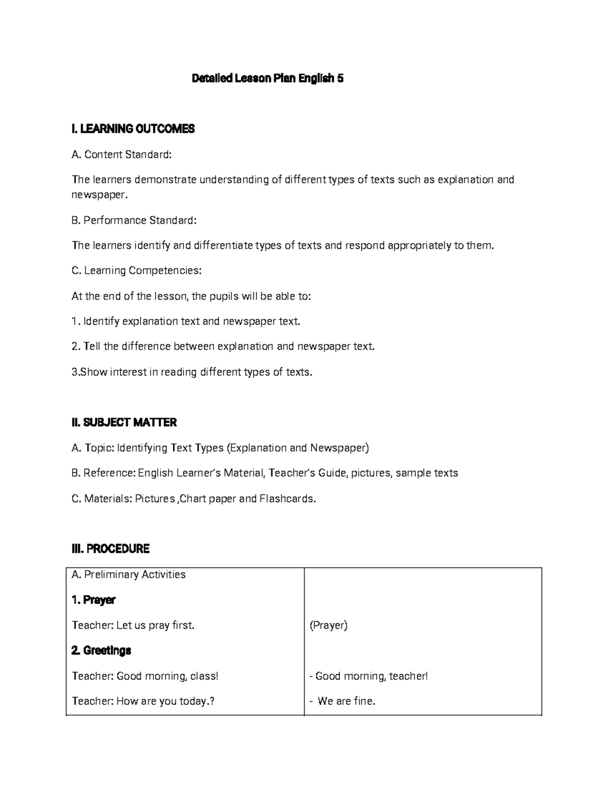 Detailed Lesson Plan: Identifying Text Types in English 5 - Studocu