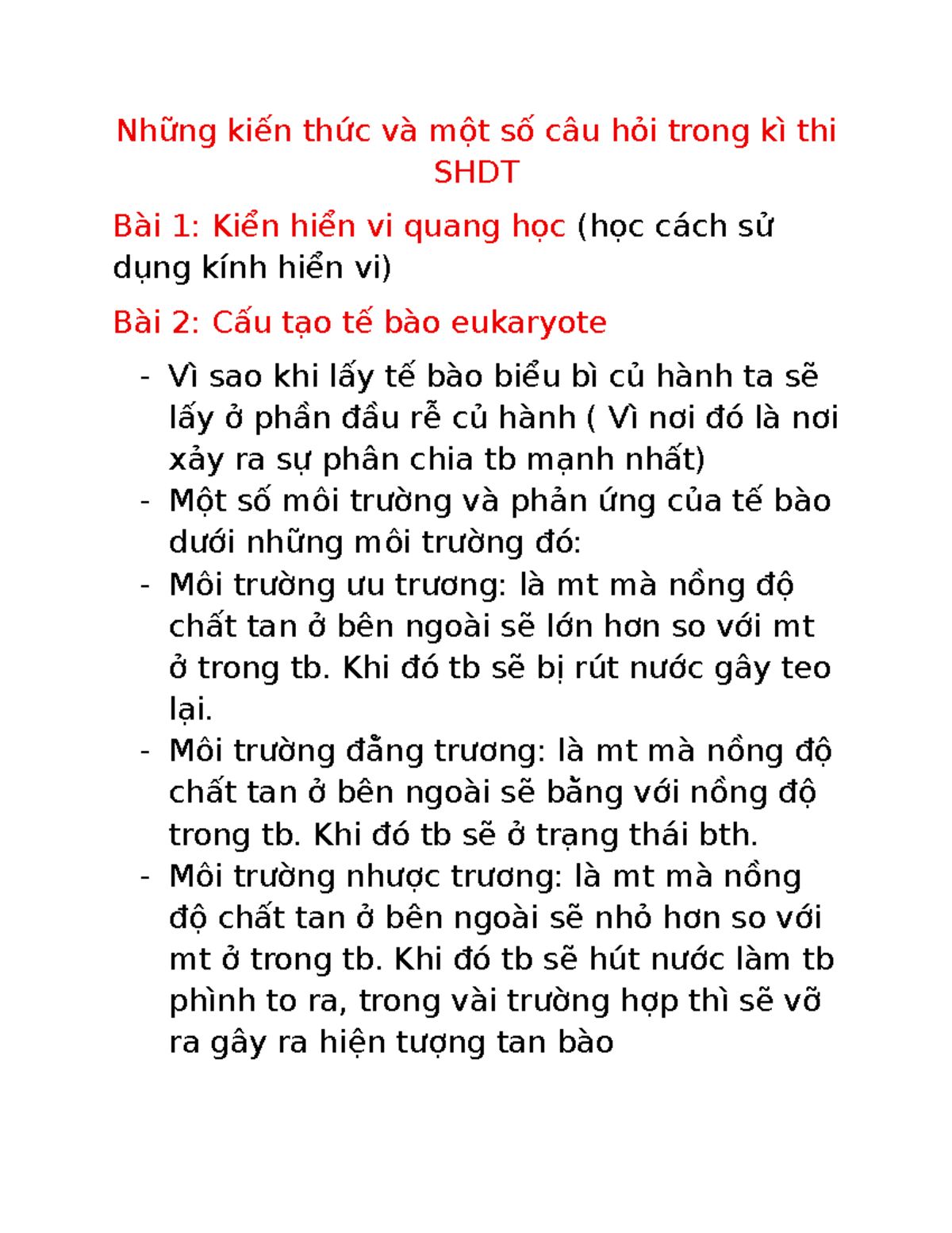 Những kiến thức và câu hỏi cho kì thi SHDT: Sinh học tế bào - Studocu