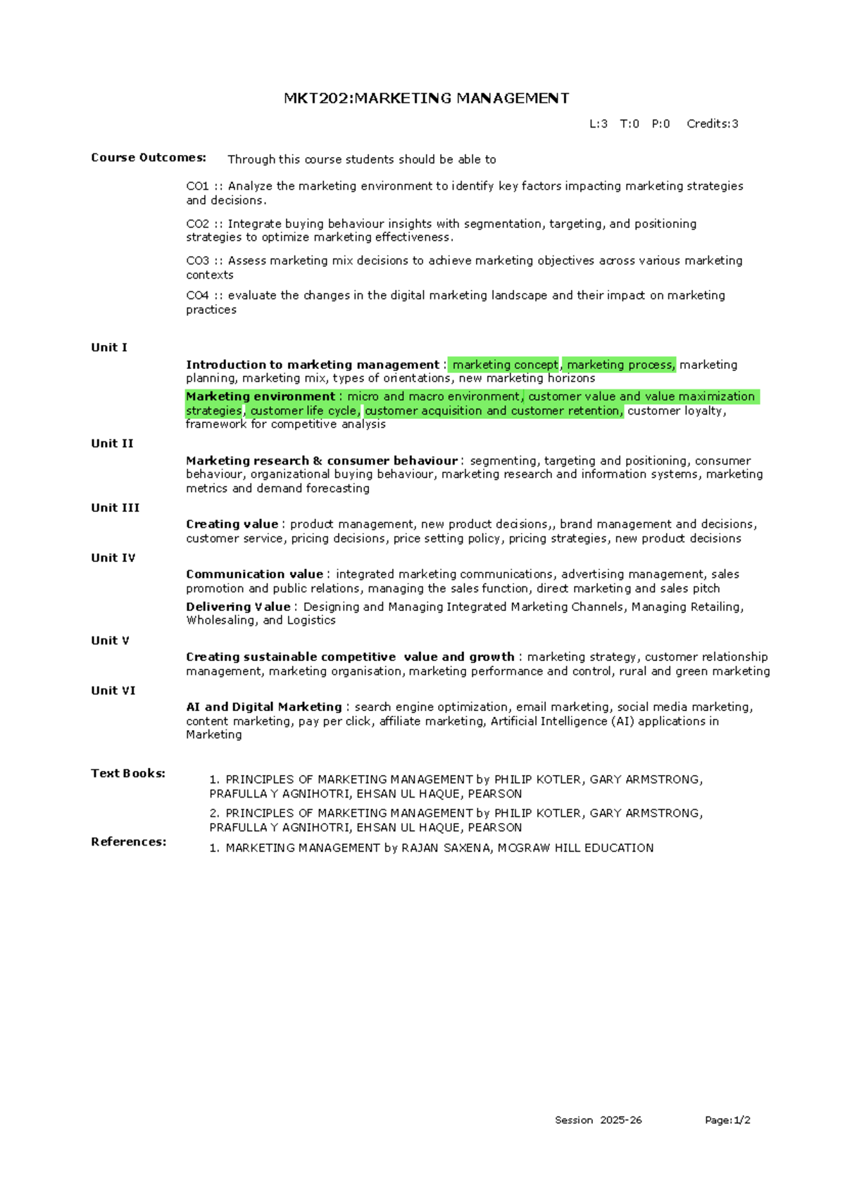 MKT202: Marketing Management Syllabus Overview and Course Outcomes ...