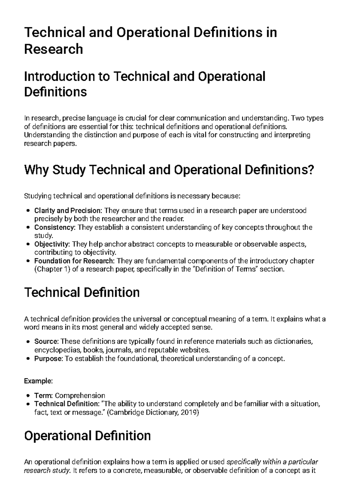 Technical and Operational Definitions in Research Notes - Studocu