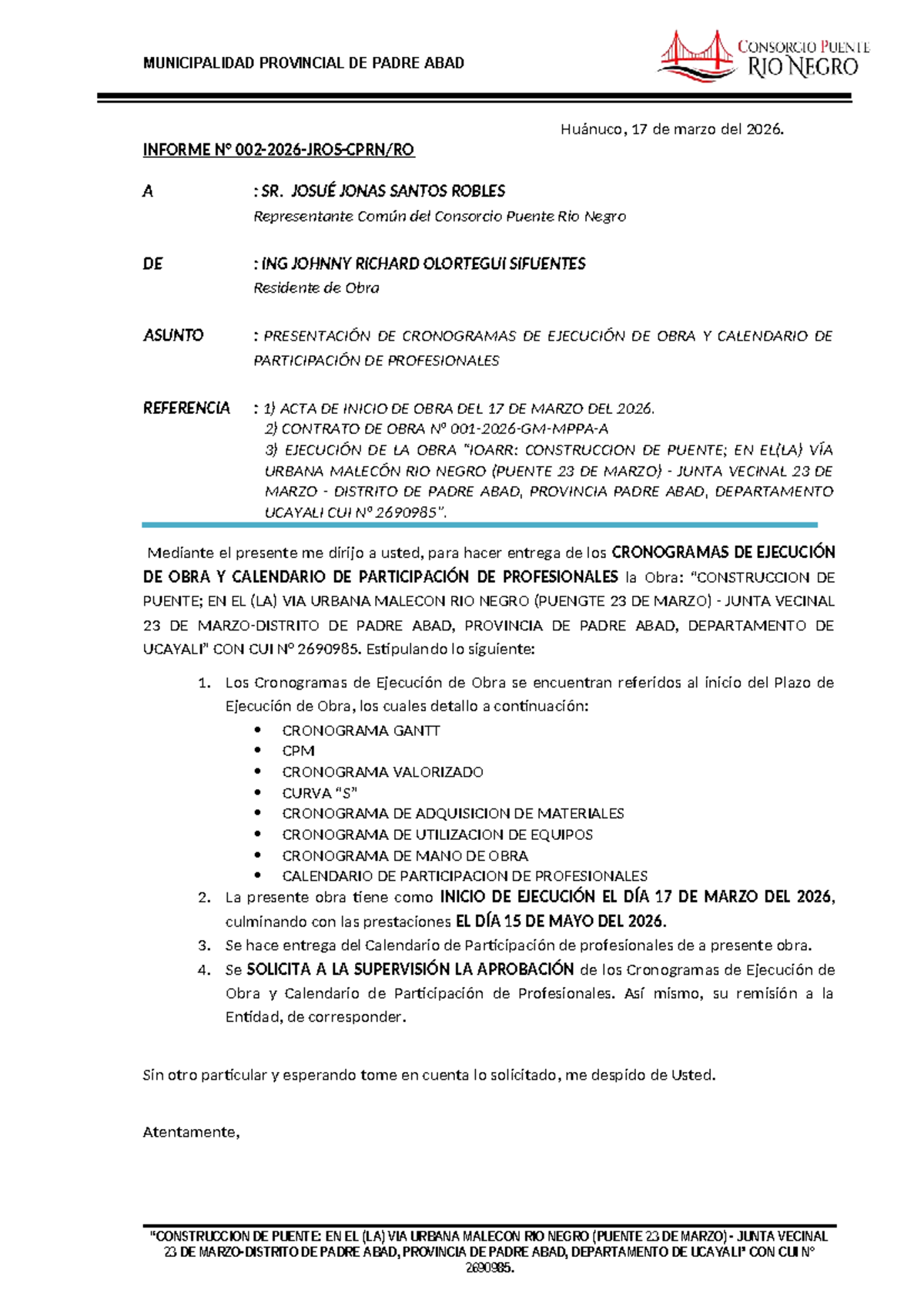 Informe N° 02: Presentación de Cronogramas de Ejecución de Obra CUI 2690985 - Document Preview
