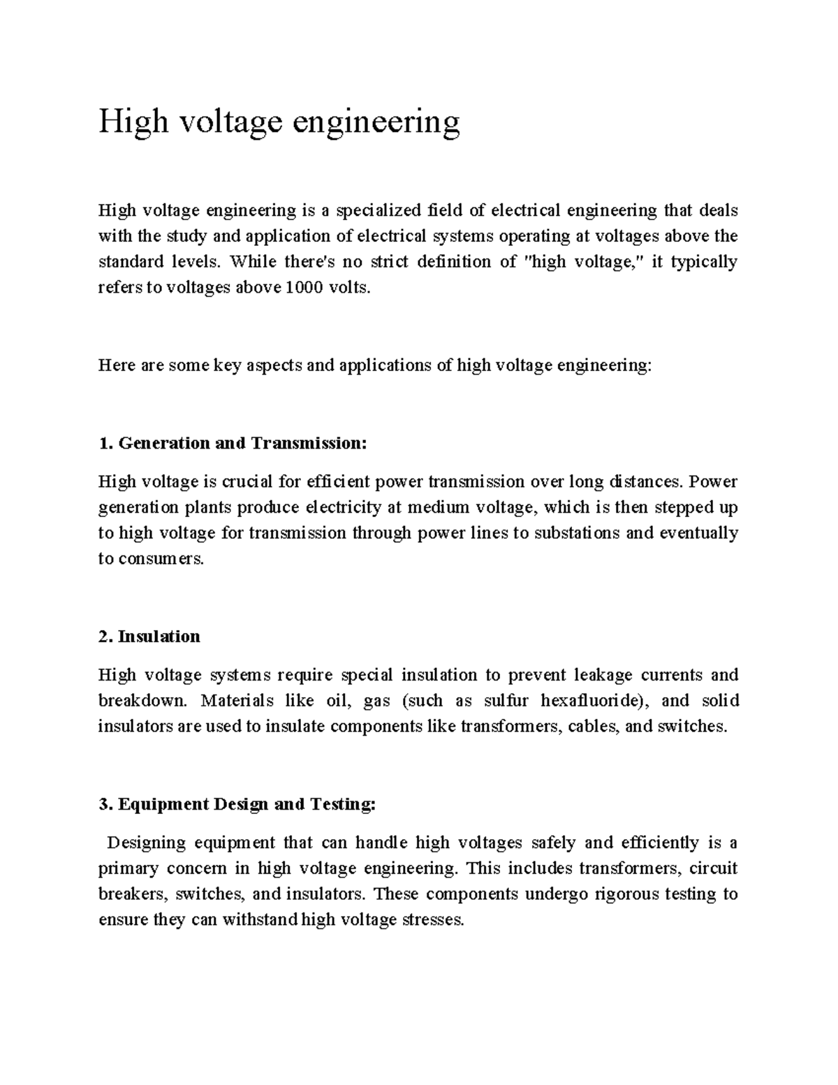 High Voltage Engineering Overview: Key Concepts and Applications - Studocu
