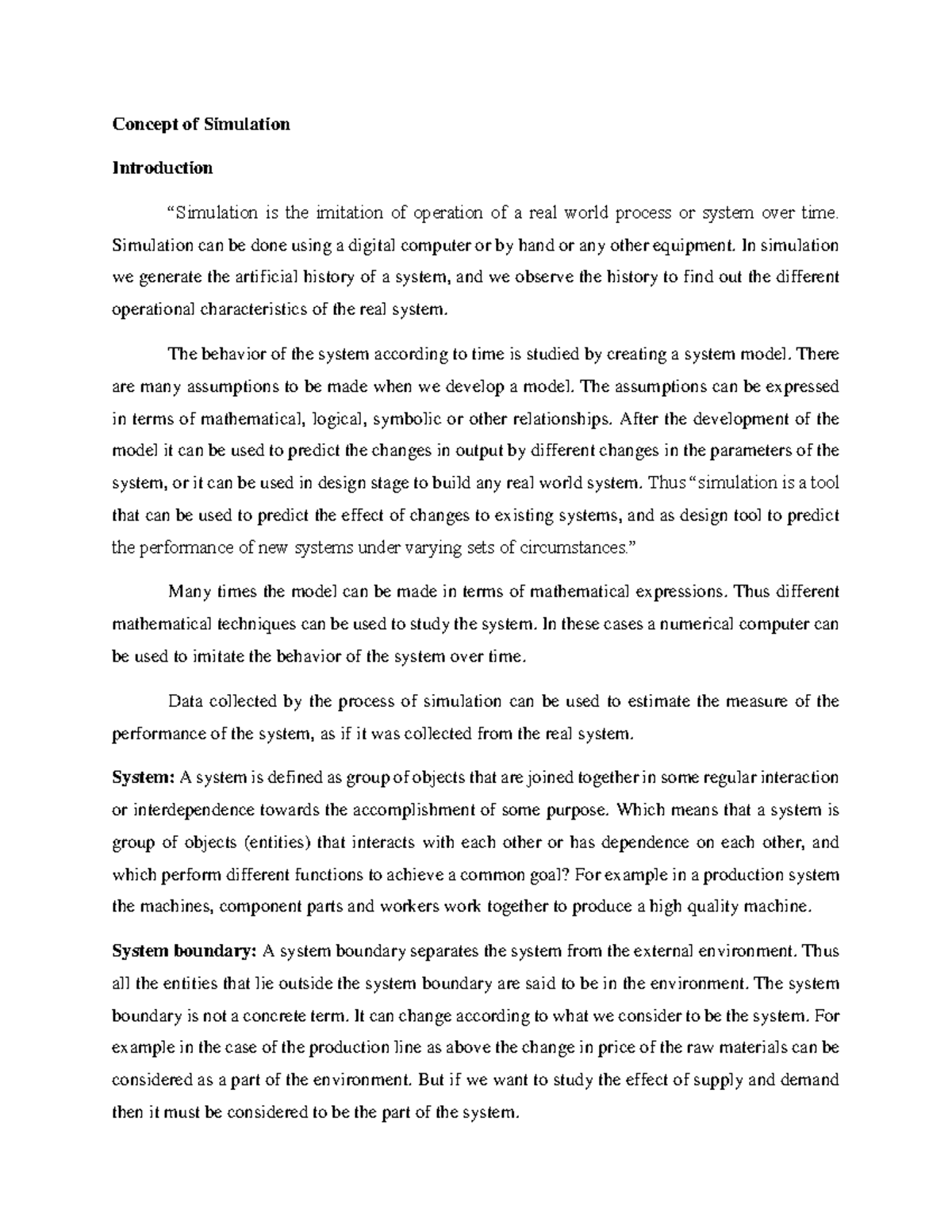 Simulation Concepts and Applications: SNM Notes on System Modeling ...