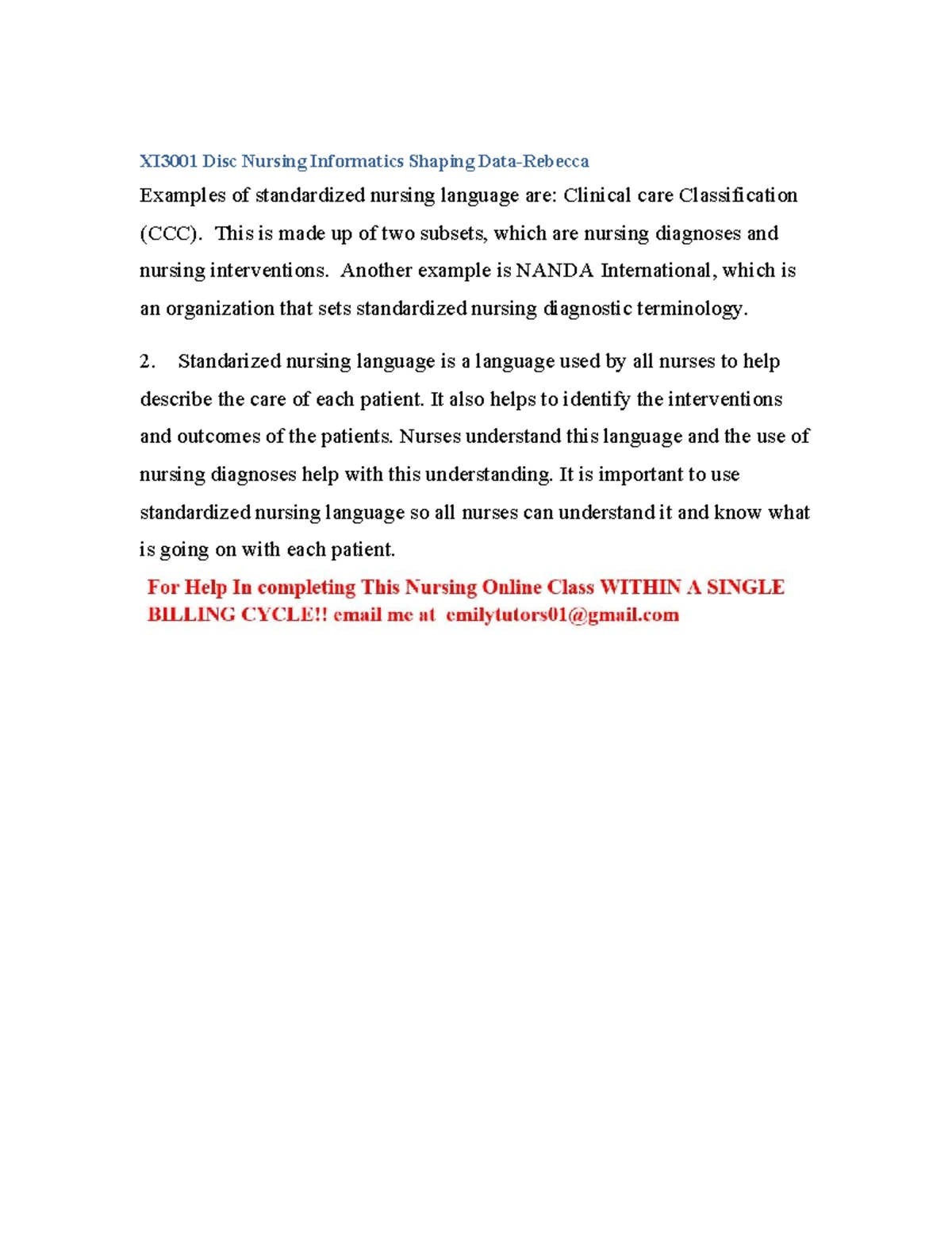 XI3001 Nursing Informatics: Standardized Language Examples - Studocu