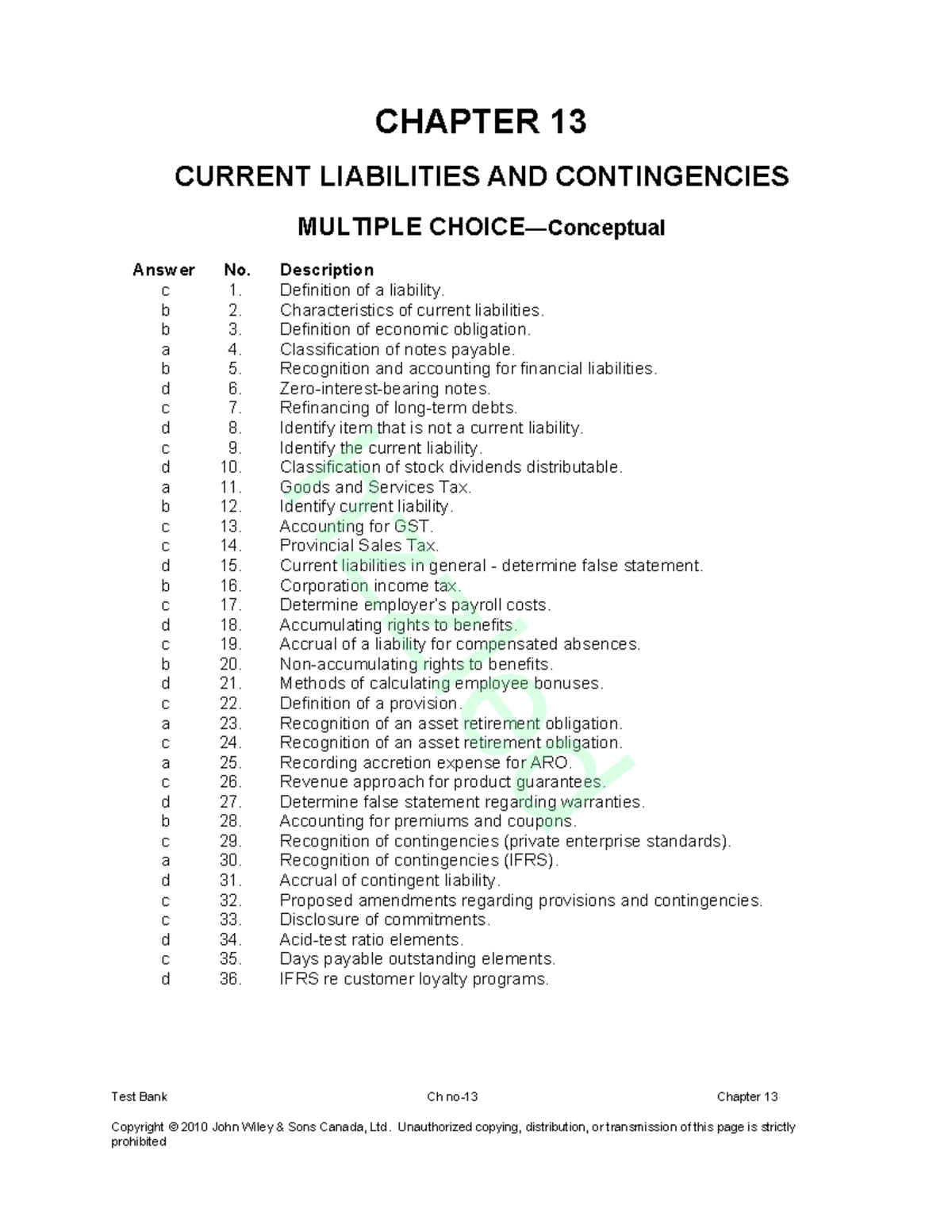 Test Bank for Intermediate Accounting 9th Ed. Chapter 13: Current ...